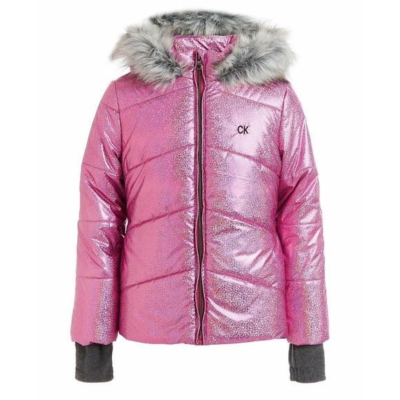 Calvin Klein Toddler Girls Metallic Chevron Puffer Hooded Jacket Pink Size‎ 2T - Picture 1 of 2
